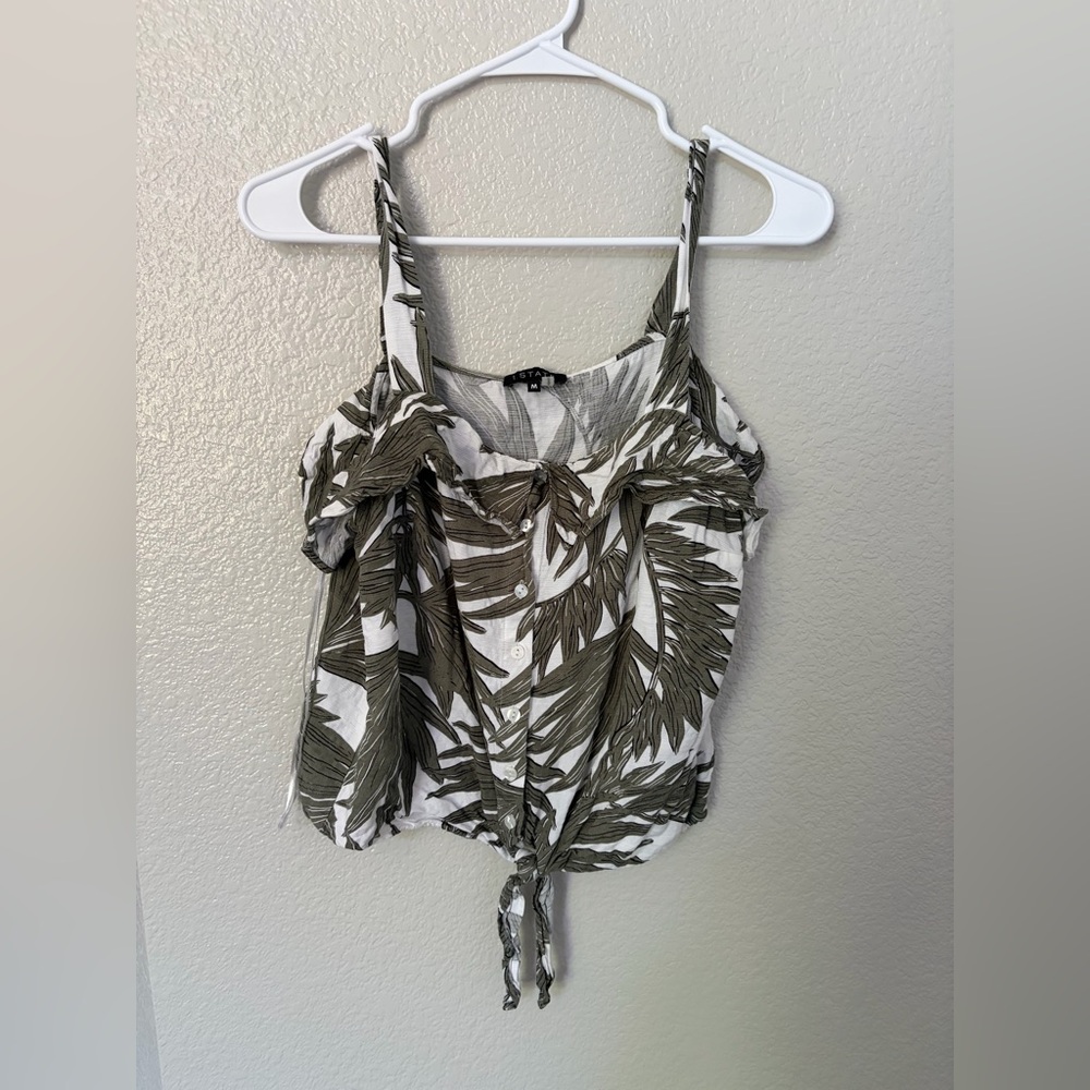 1. State Sleeveless Tie Front Button Front Tank Top Island Palm Leaf Print